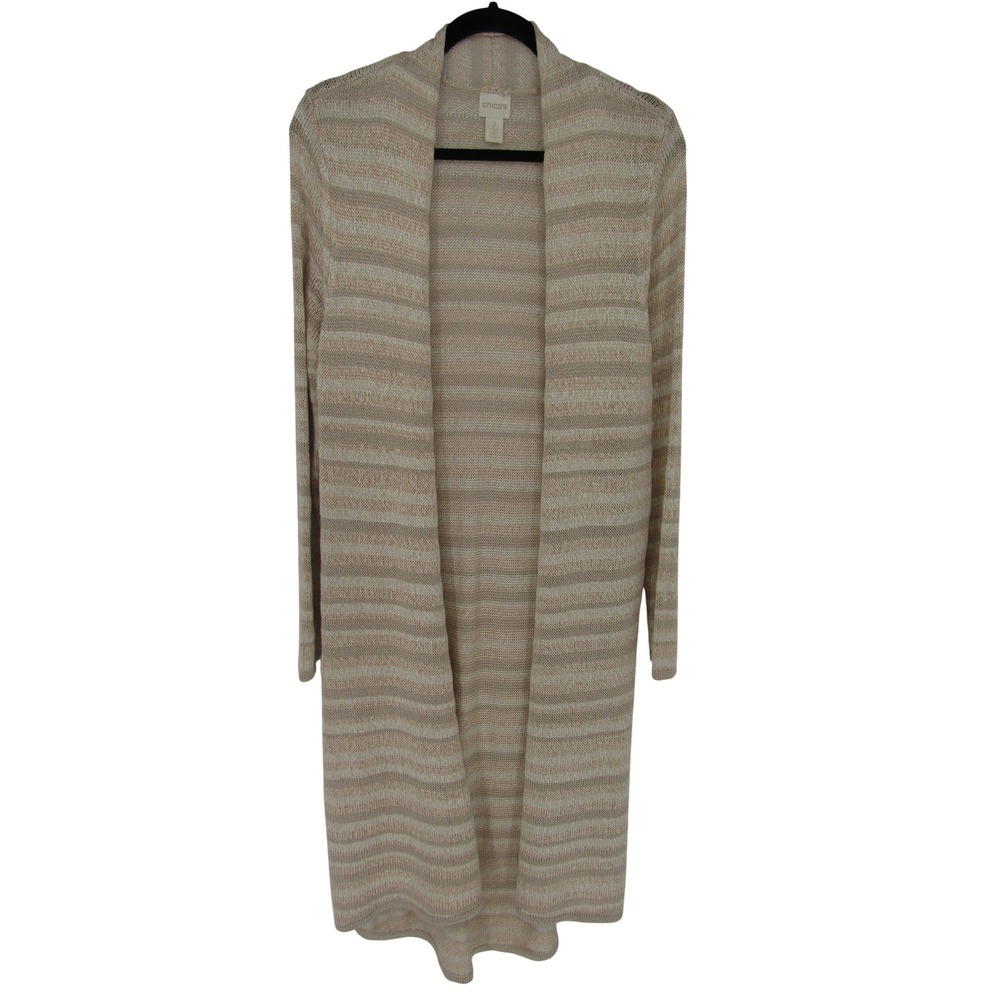 Chico's Duster Cardigan Womens 2 Large Beige Striped Metallic Open Front Knit